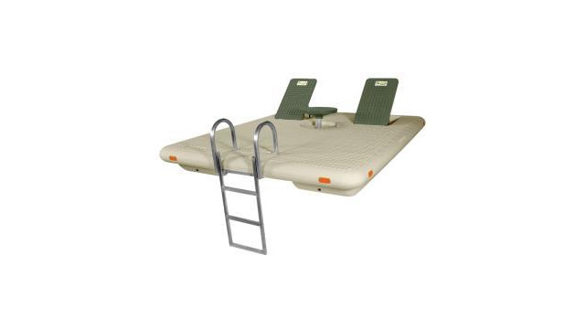 Beige 8 x 10 Otter Island Swim Raft complete with Aluminum hinged ladder and Green Table/back rests