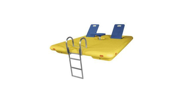 Yellow 8 x 10 Otter Island Swim Raft complete with Aluminum hinged ladder and Blue Table/back rests