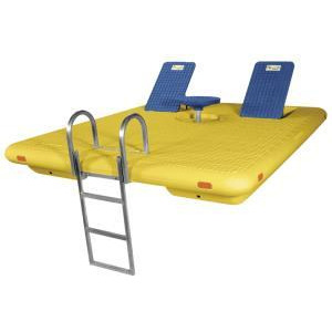 Yellow 8 x 10 Otter Island Swim Raft complete with Aluminum hinged ladder and Blue Table/back rests