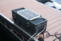 Our hydraulic pump and battery unit is contained in an attractive dock box. Solar panel on dock