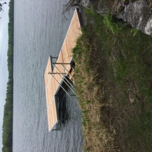 A T-shaped WaveX dock on a lake with a ladder installed near the shoreline.