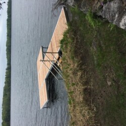 A T-shaped WaveX dock on a lake with a ladder installed near the shoreline.