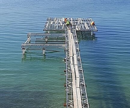 Large metal frame on a lake